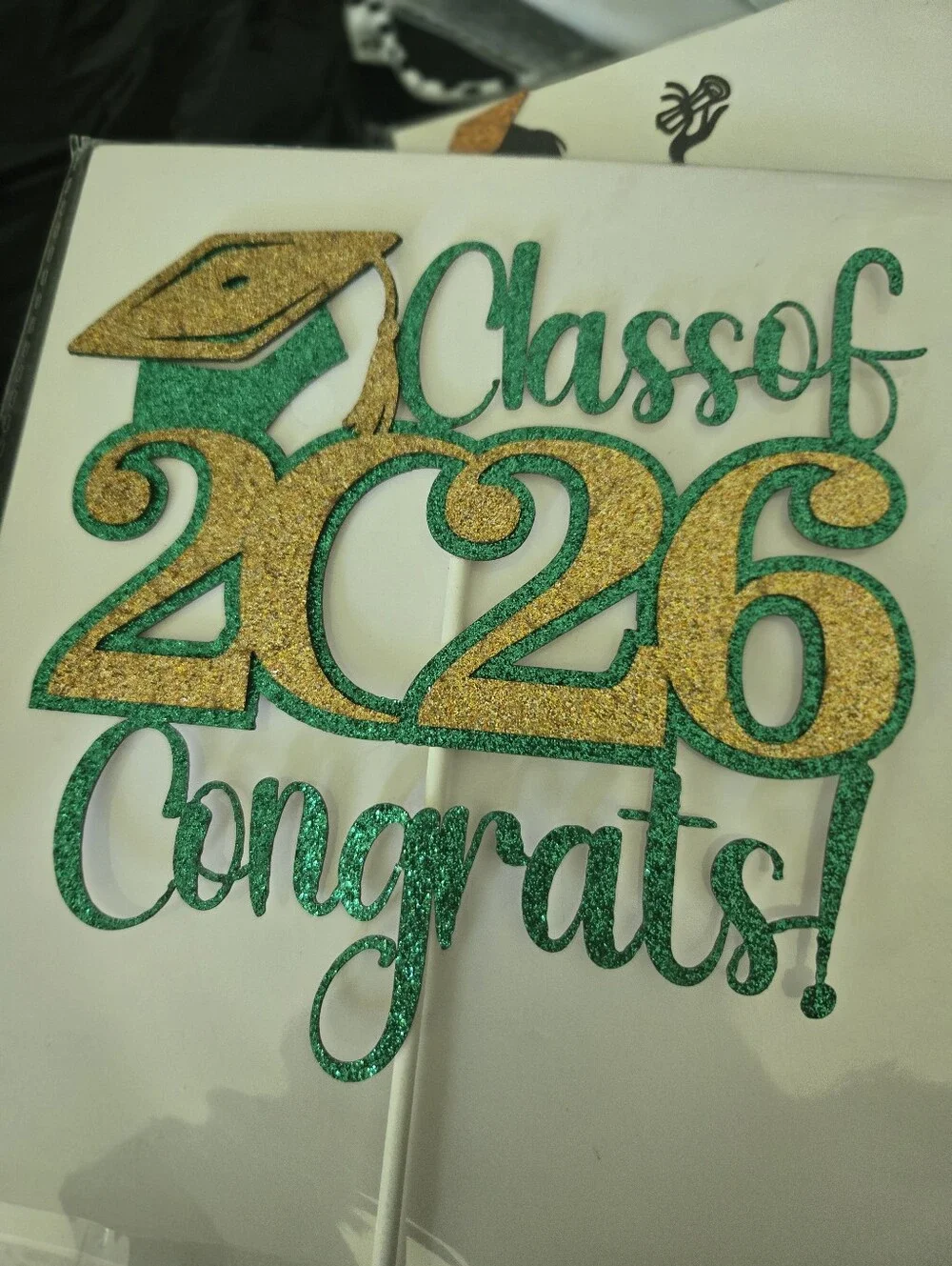 Class of 2026 Congrats! Green & Gold Glitter Cake Topper